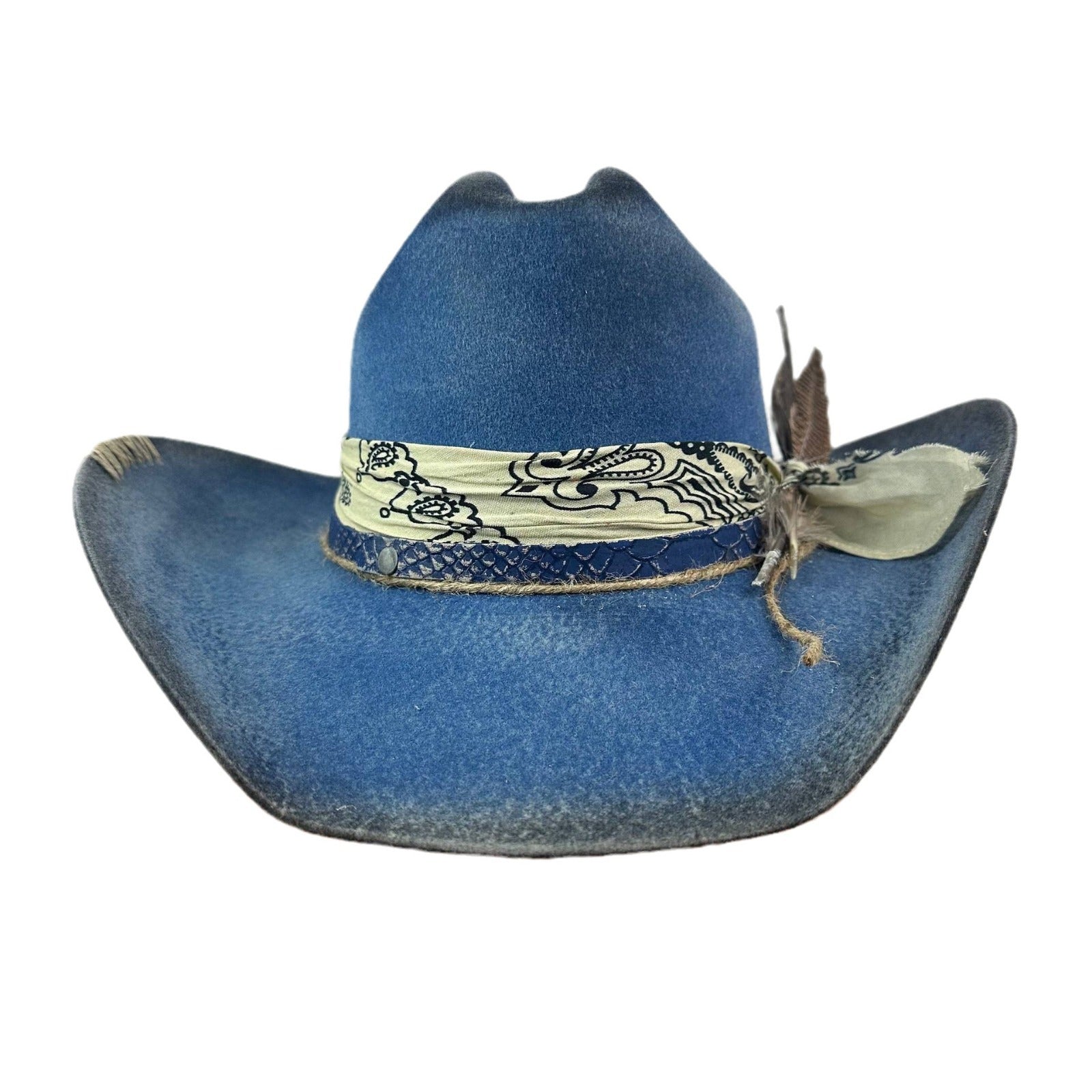 Distressed Fedora Adorned With Scarf Feather And Rope - Image 3