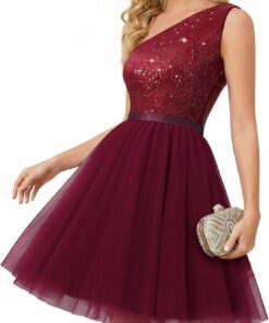 Tulle Burgundy One-Shoulder Cocktail Dress SV12